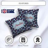 Custom Name Navy Floral with White Blossoms and Berries Seamless Square Filled Cushion Throw Pillow Sofa Bed Home Decor Zip Washable UK Made