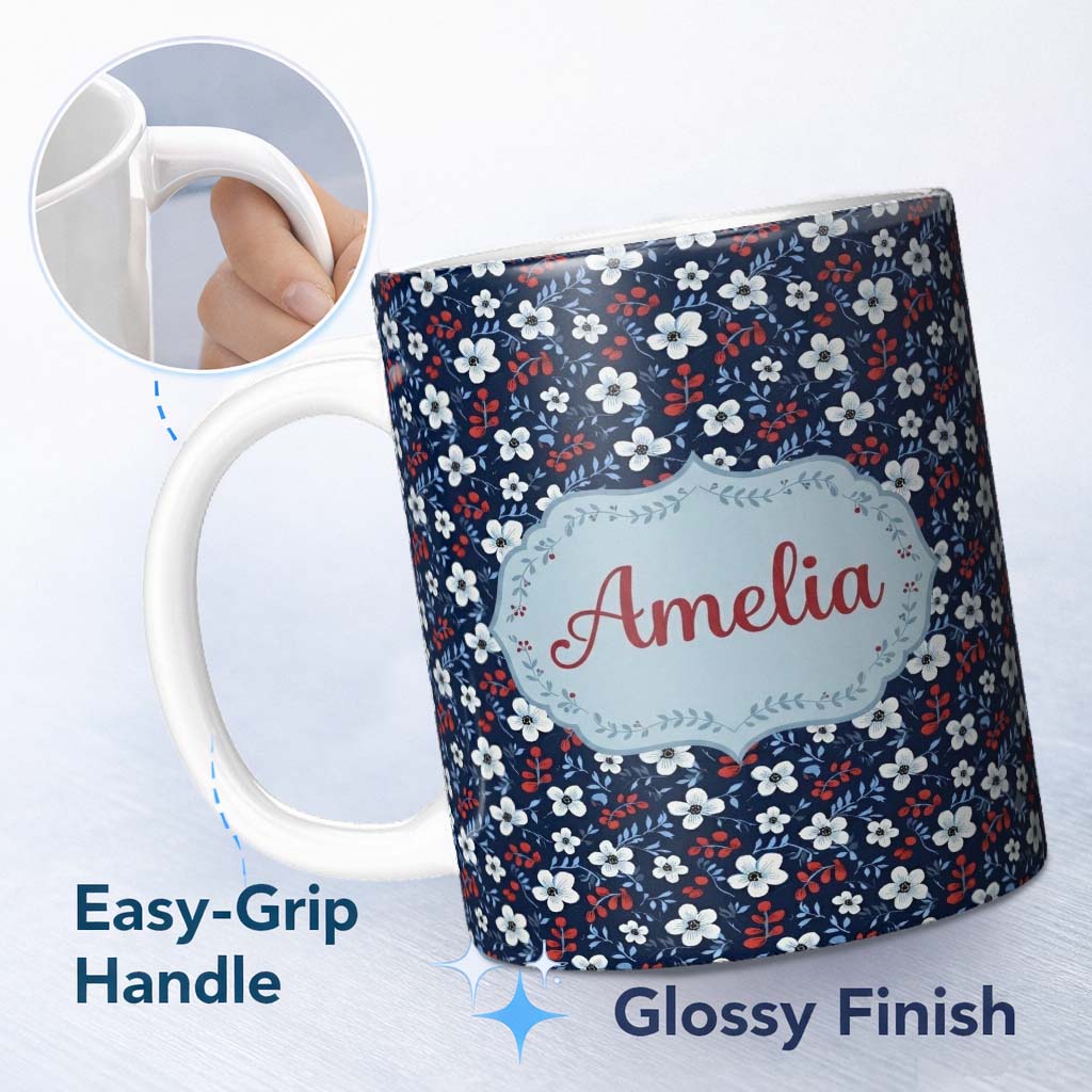 Personalized Custom Name Navy Floral with White Blossoms and Red Berries Seamless Pattern 11oz Ceramic Coffee Tea Mug White Large Handle