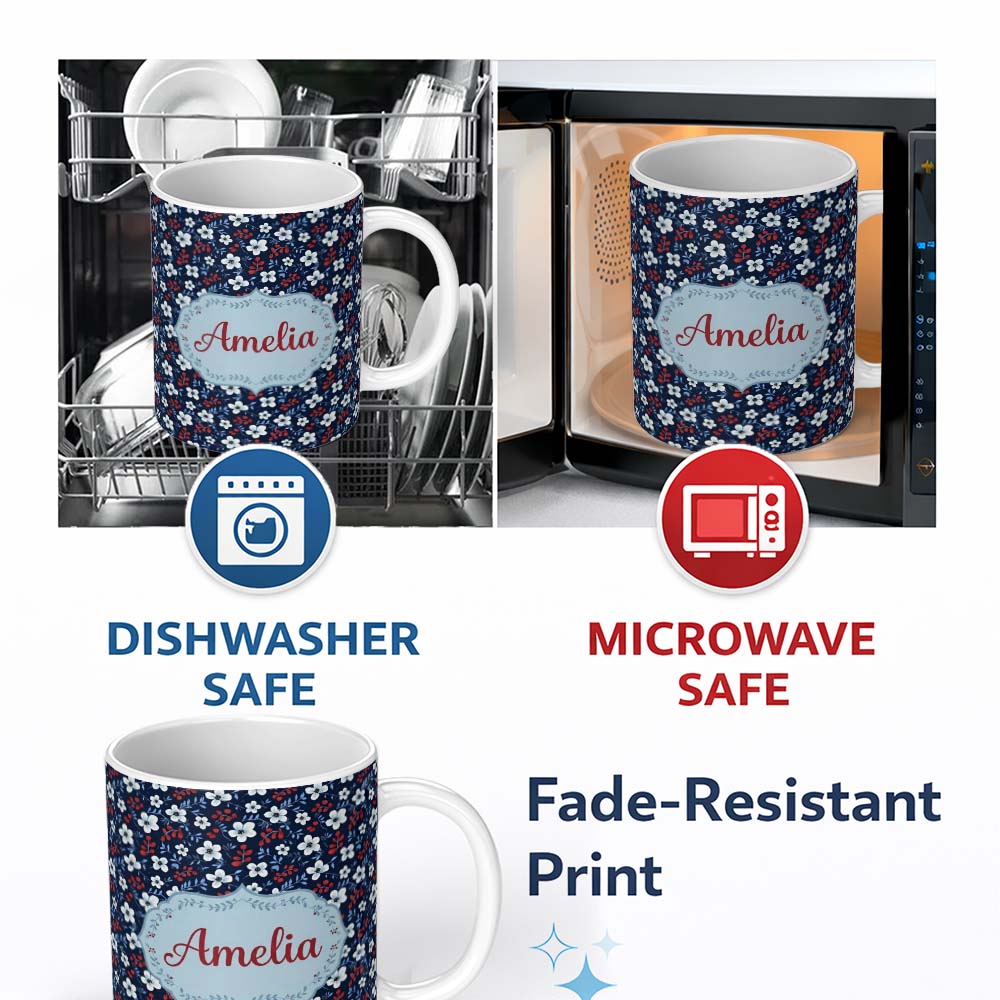 Personalized Custom Name Navy Floral with White Blossoms and Red Berries Seamless Pattern 11oz Ceramic Coffee Tea Mug White Large Handle