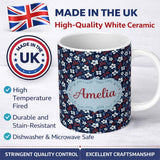 Personalized Custom Name Navy Floral with White Blossoms and Red Berries Seamless Pattern 11oz Ceramic Coffee Tea Mug White Large Handle