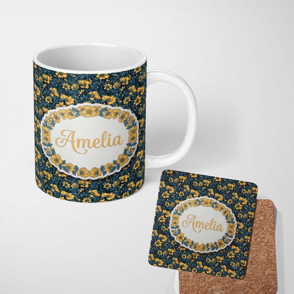 Personalized Custom Name Golden Yellow Flowers on Dark Blue Botanical Seamless Pattern Name 11oz Ceramic Coffee Tea Mug White Large Handle