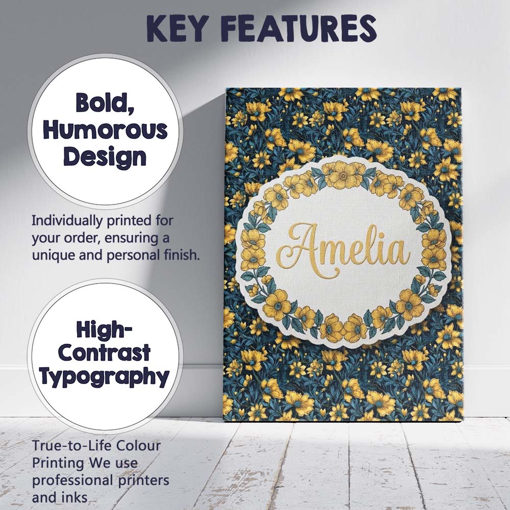Personalised Name Golden Yellow Flowers on Custom  Unique Gift Idea Elegant Feature Canvas Wall Art Print Decor Picture Ready to Hang