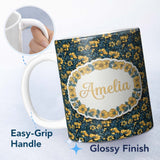 Personalized Custom Name Golden Yellow Flowers on Dark Blue Botanical Seamless Pattern Name 11oz Ceramic Coffee Tea Mug White Large Handle