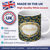 Personalized Custom Name Golden Yellow Flowers on Dark Blue Botanical Seamless Pattern Name 11oz Ceramic Coffee Tea Mug White Large Handle