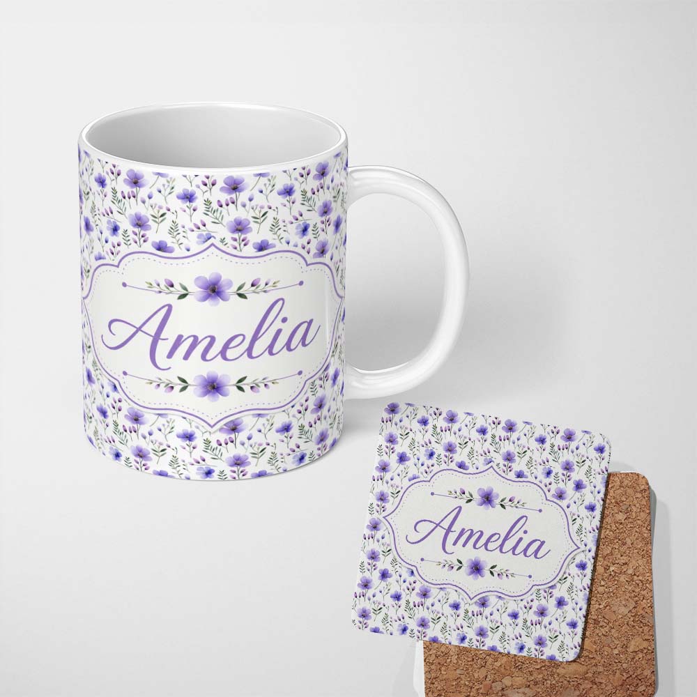 Personalized Custom Name Purple Wildflowers and Delicate Botanical Stems Seamless Pattern 11oz Ceramic Coffee Tea Mug White Large Handle