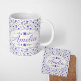 Personalized Custom Name Purple Wildflowers and Delicate Botanical Stems Seamless Pattern 11oz Ceramic Coffee Tea Mug White Large Handle