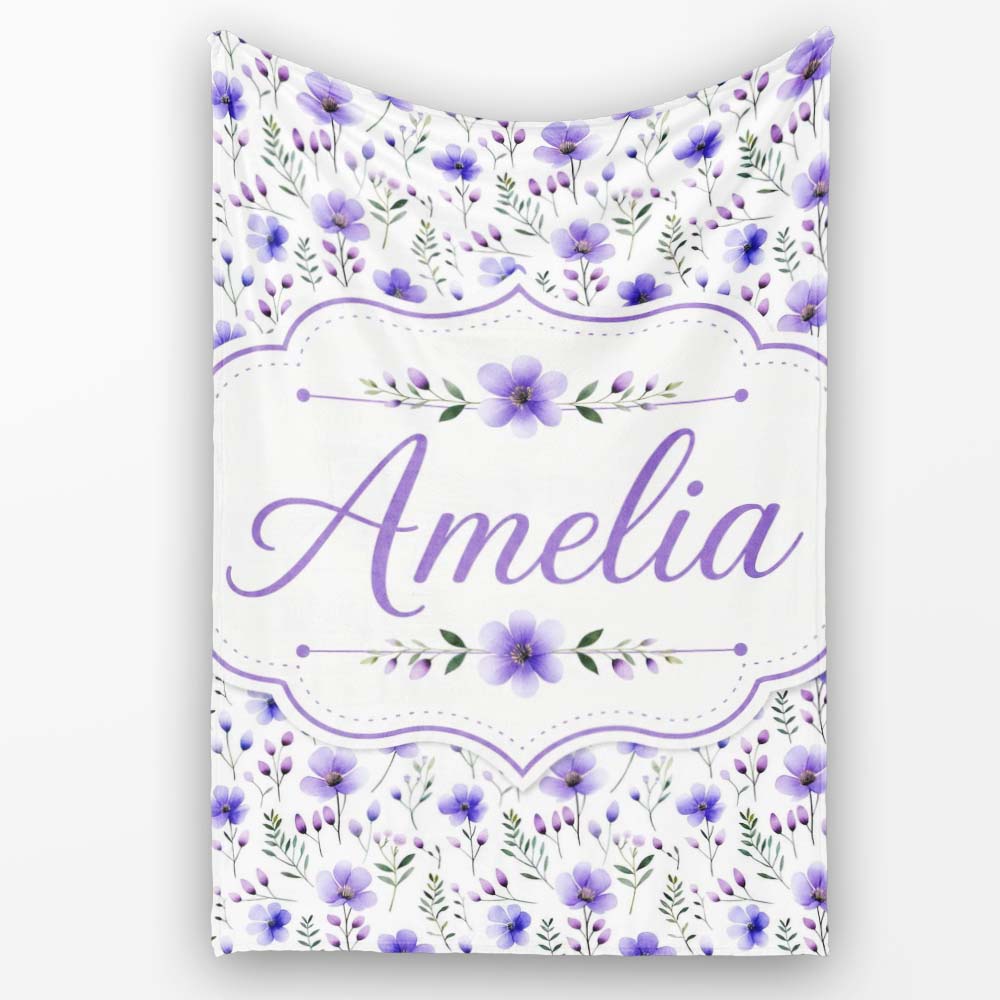 Purple Wildflowers and Delicate Botanical Stems Seamless Pattern  Personalised Custom Name Super Soft Fleece Blanket Bed Sofa Throw