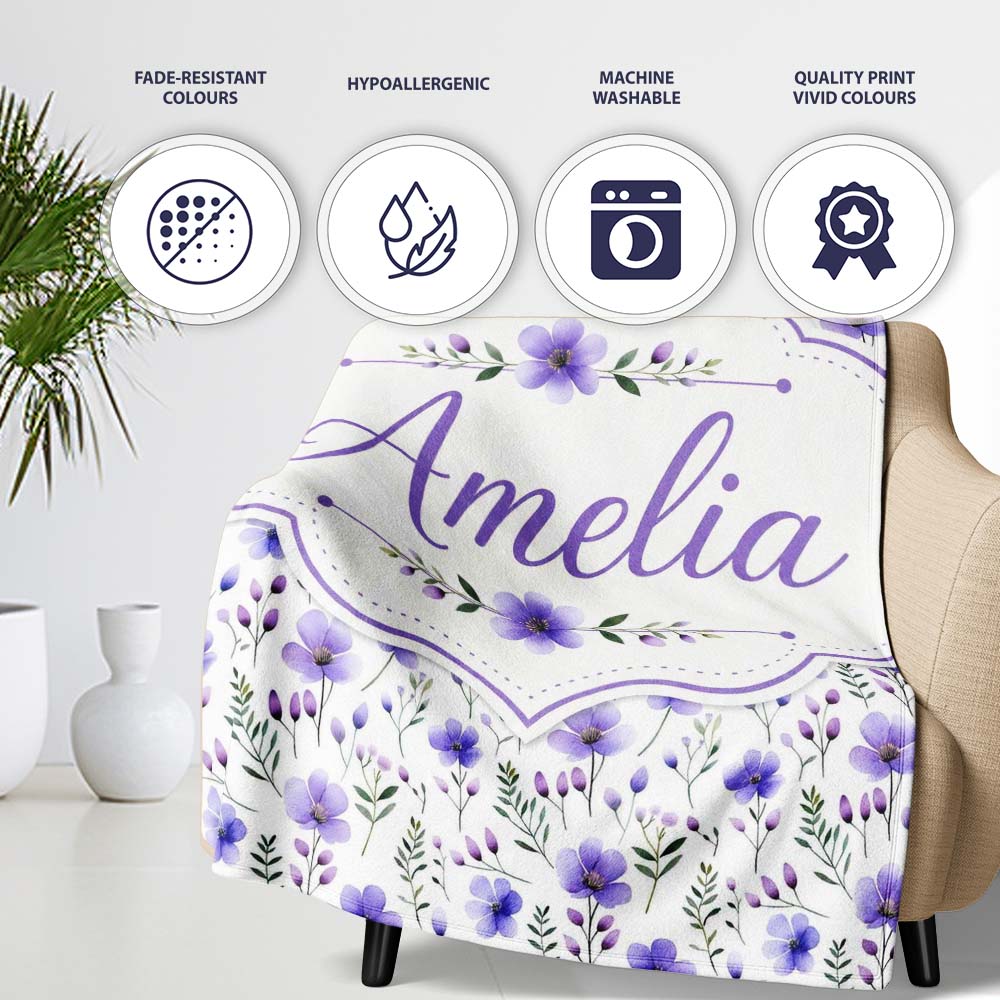 Purple Wildflowers and Delicate Botanical Stems Seamless Pattern  Personalised Custom Name Super Soft Fleece Blanket Bed Sofa Throw
