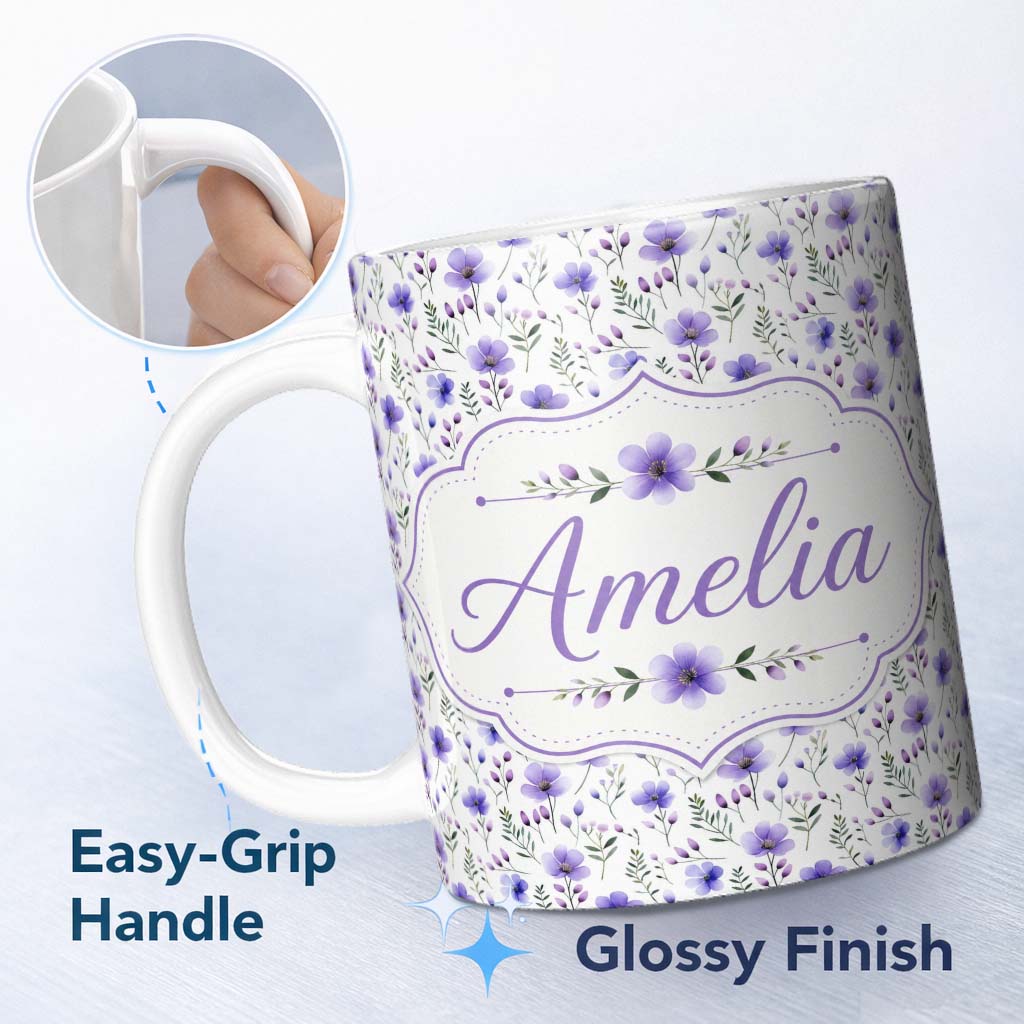 Personalized Custom Name Purple Wildflowers and Delicate Botanical Stems Seamless Pattern 11oz Ceramic Coffee Tea Mug White Large Handle