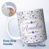 Personalized Custom Name Purple Wildflowers and Delicate Botanical Stems Seamless Pattern 11oz Ceramic Coffee Tea Mug White Large Handle