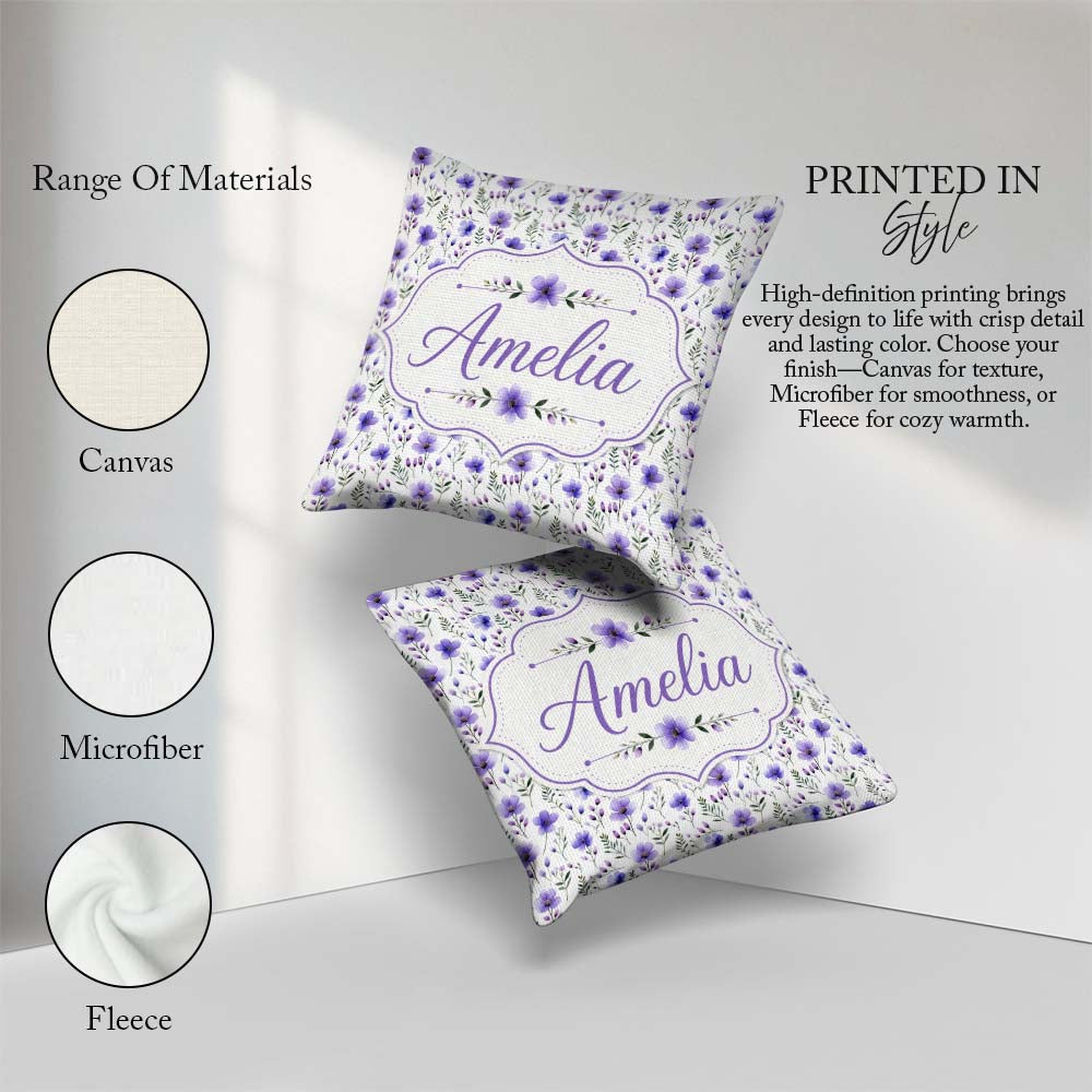 Custom Name Purple and Delicate Botanical Stems Seamless Pattern Square Filled Cushion Throw Pillow Sofa Bed Home Decor Zip Washable UK Made