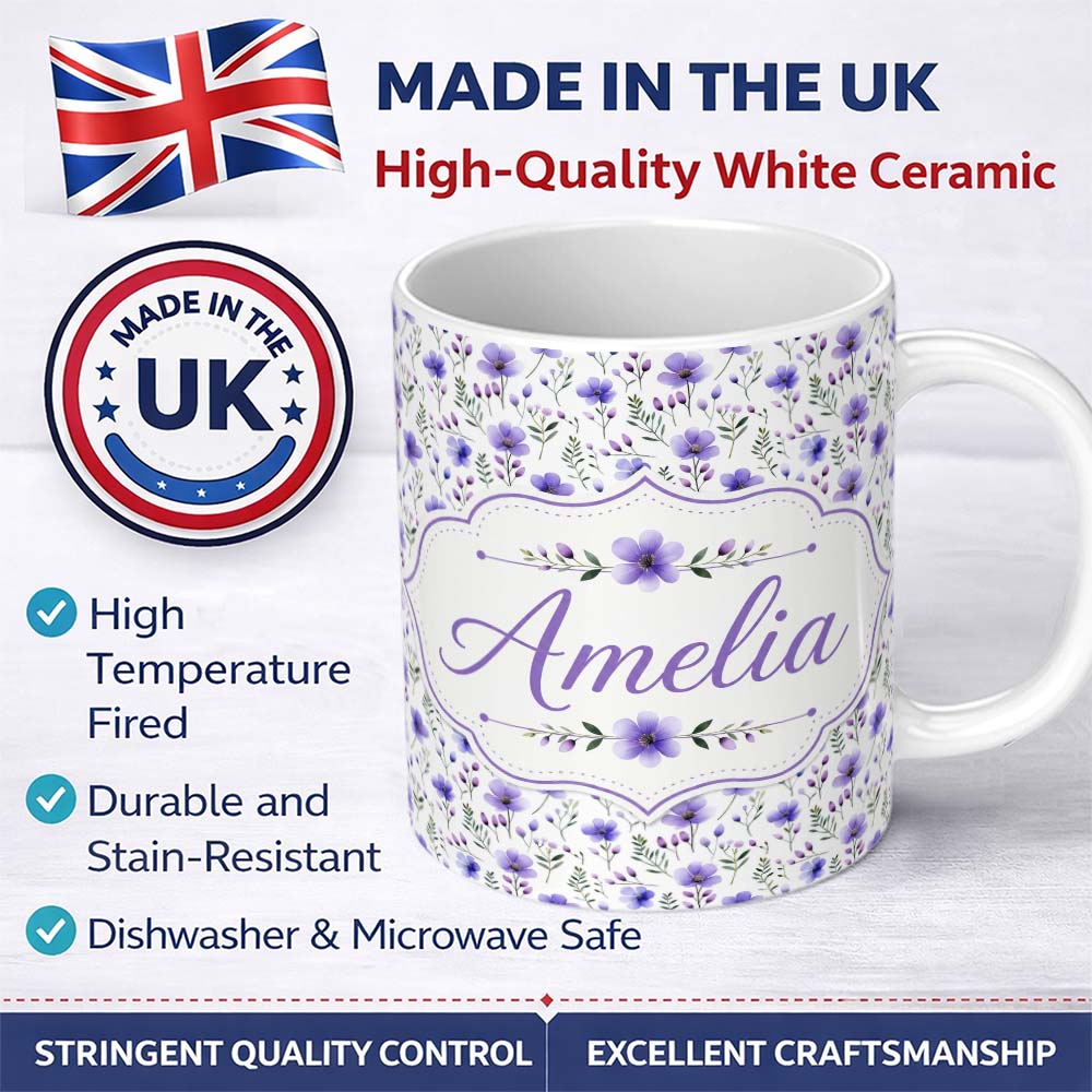 Personalized Custom Name Purple Wildflowers and Delicate Botanical Stems Seamless Pattern 11oz Ceramic Coffee Tea Mug White Large Handle