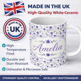 Personalized Custom Name Purple Wildflowers and Delicate Botanical Stems Seamless Pattern 11oz Ceramic Coffee Tea Mug White Large Handle