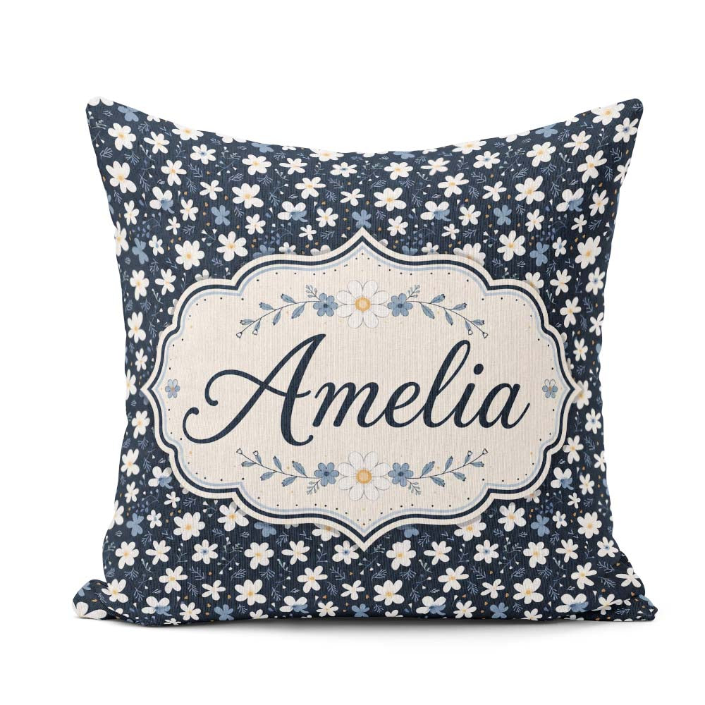 Custom Name White Daisy Flowers on Deep Navy Background Seamless Square Filled Cushion Throw Pillow Sofa Bed Home Decor Zip Washable UK Made