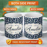 Personalized Custom Name White Daisy Flowers on Deep Navy Background Seamless Pattern Name 11oz Ceramic Coffee Tea Mug White Large Handle