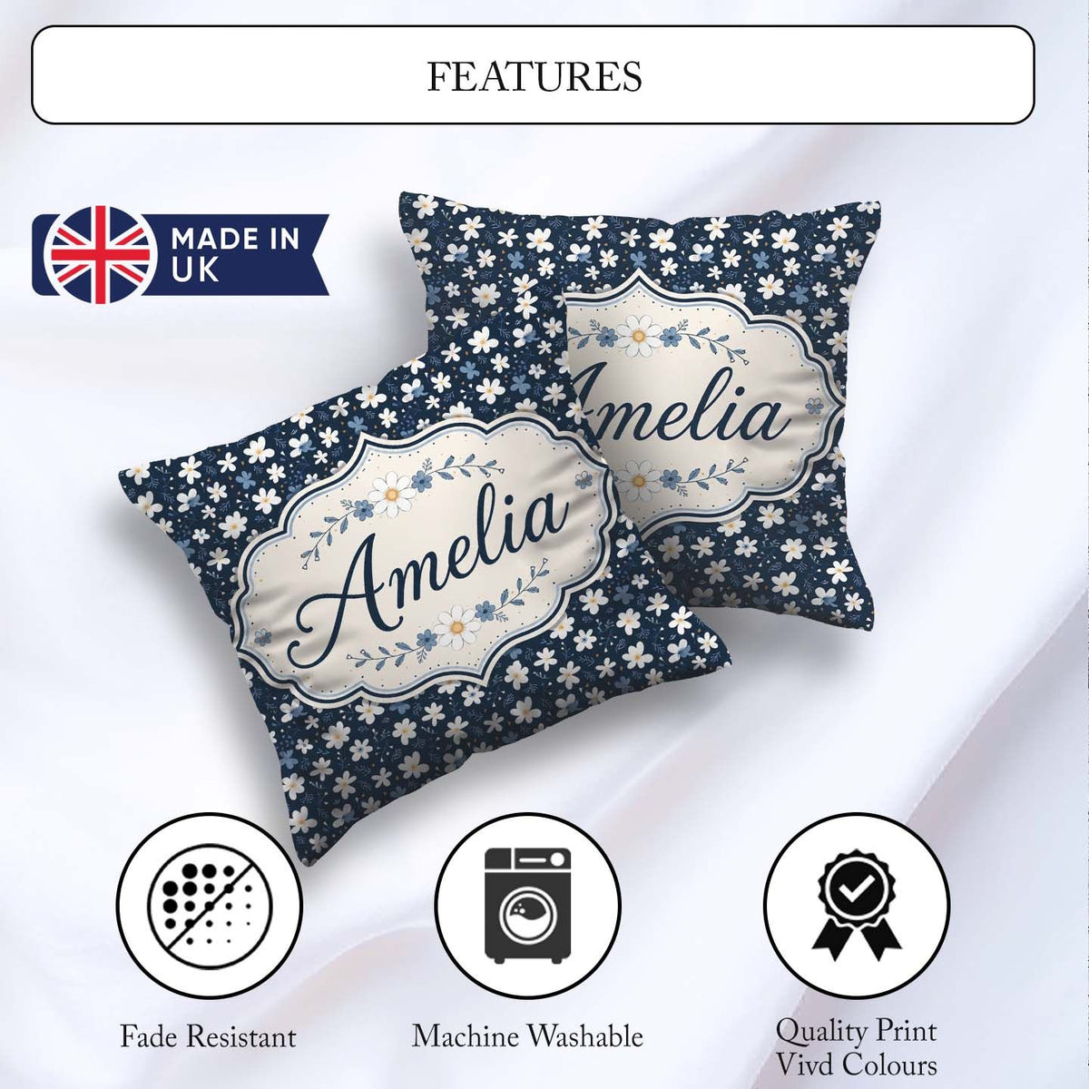 Custom Name White Daisy Flowers on Deep Navy Background Seamless Square Filled Cushion Throw Pillow Sofa Bed Home Decor Zip Washable UK Made
