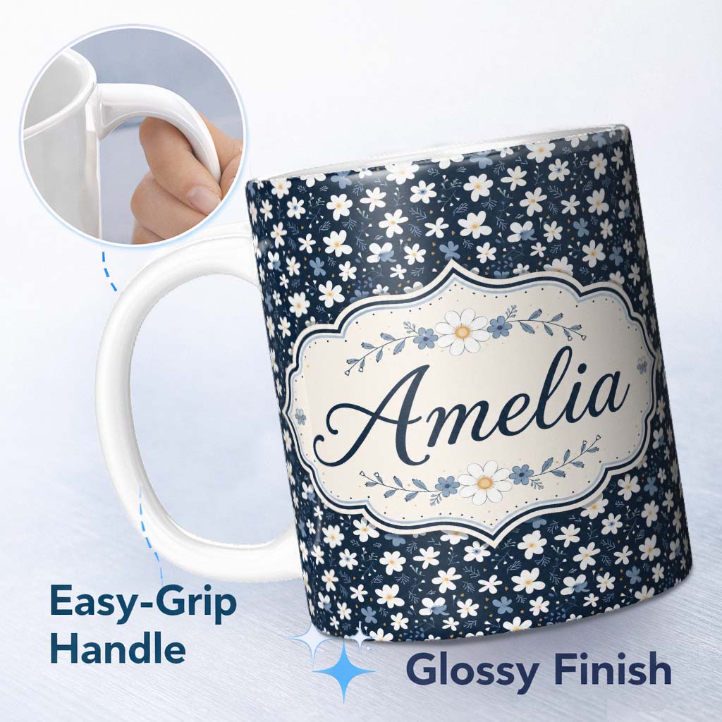 Personalized Custom Name White Daisy Flowers on Deep Navy Background Seamless Pattern Name 11oz Ceramic Coffee Tea Mug White Large Handle