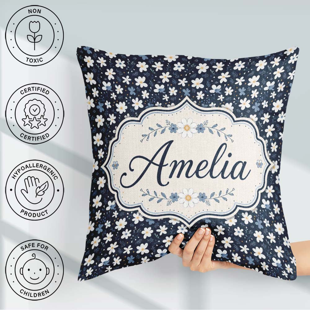 Custom Name White Daisy Flowers on Deep Navy Background Seamless Square Filled Cushion Throw Pillow Sofa Bed Home Decor Zip Washable UK Made