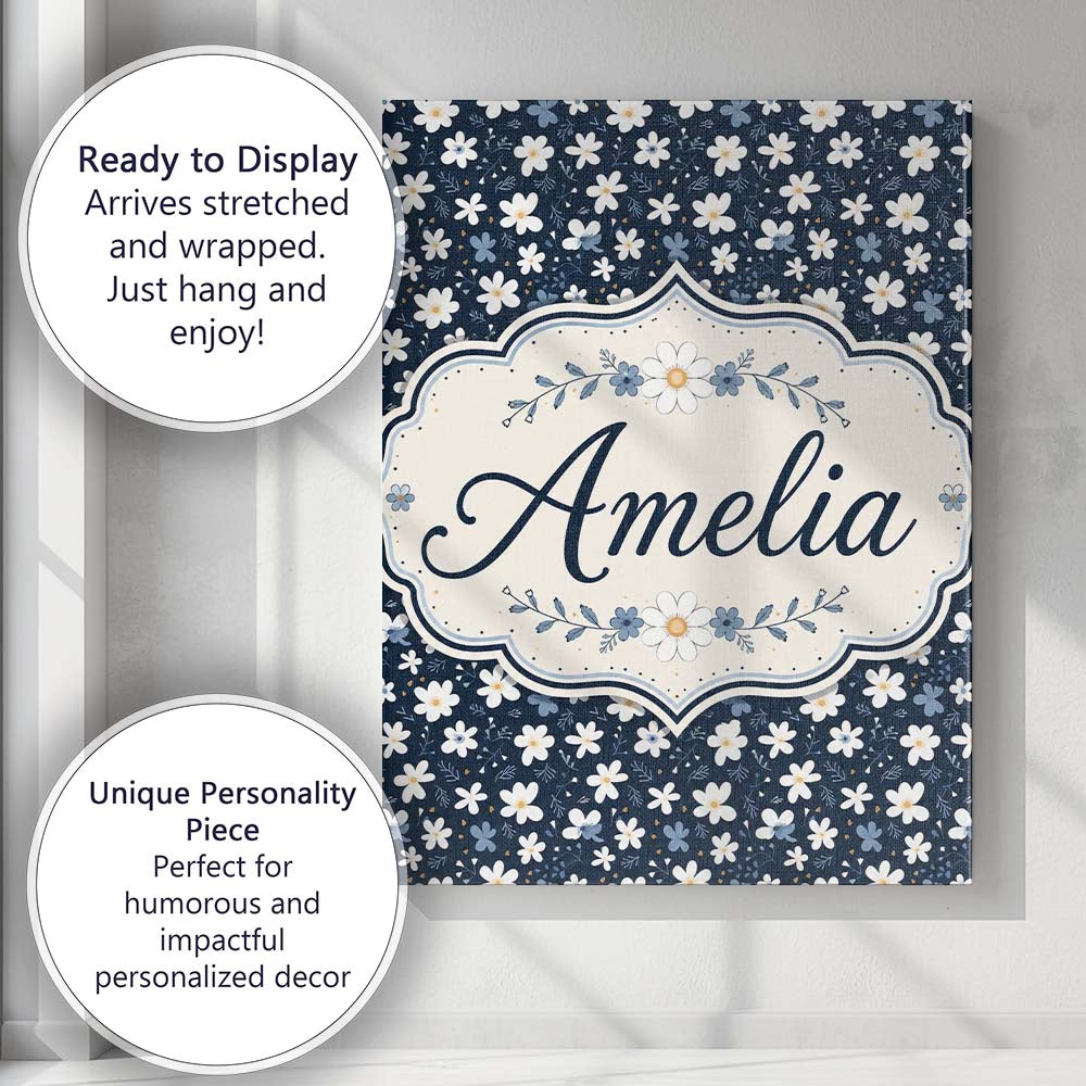Personalised Name White Daisy Flowers on Custom  Unique Gift Idea Elegant Feature Canvas Wall Art Print Decor Picture Ready to Hang