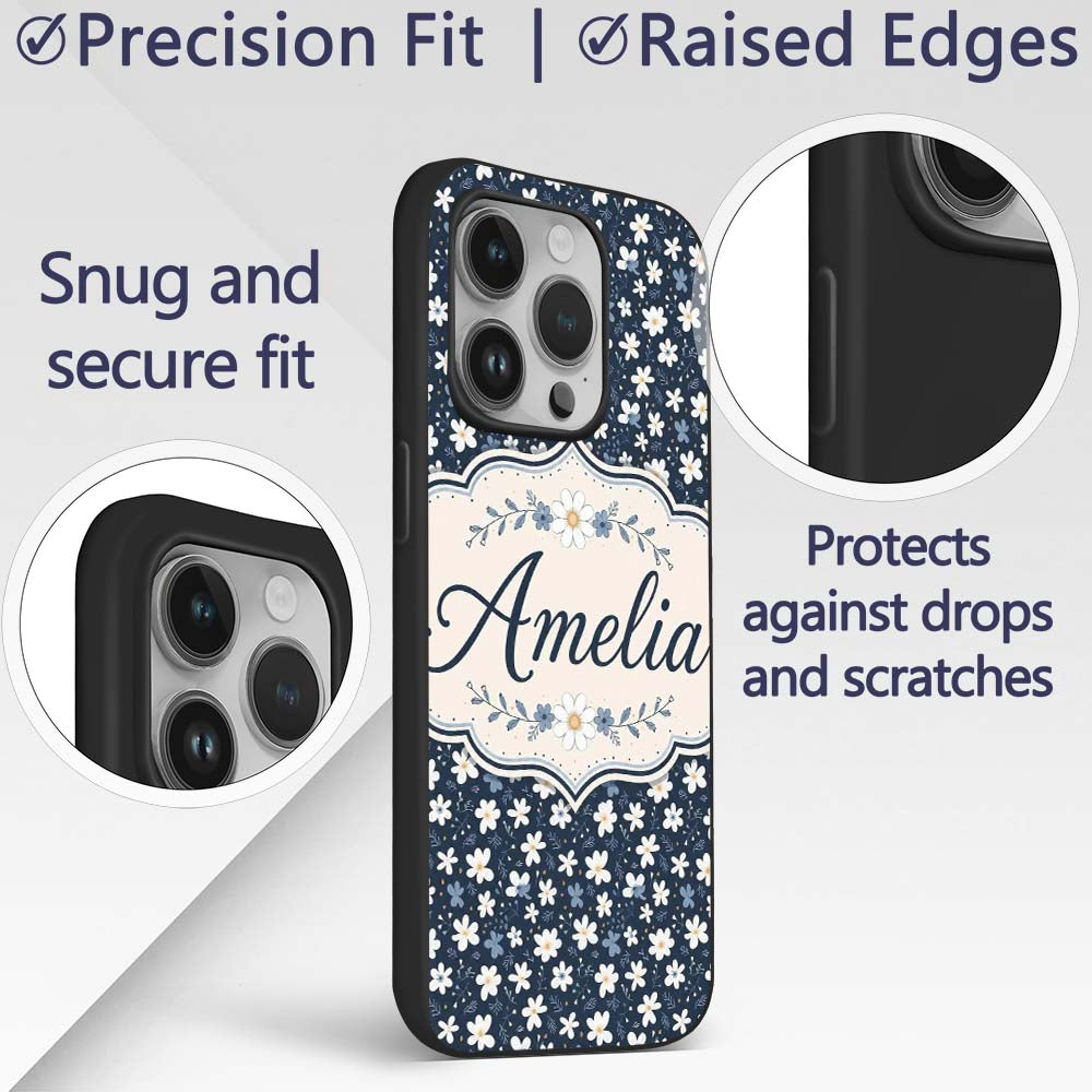 White Daisy Flowers on Deep Navy Printed Design Custom Name Protective Phone Case Mobile Cover Durable Everyday Smartphone Shock Resistant