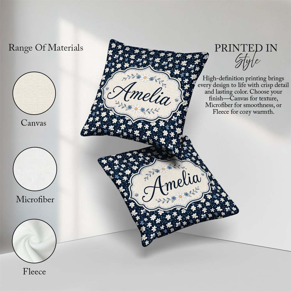 Custom Name White Daisy Flowers on Deep Navy Background Seamless Square Filled Cushion Throw Pillow Sofa Bed Home Decor Zip Washable UK Made