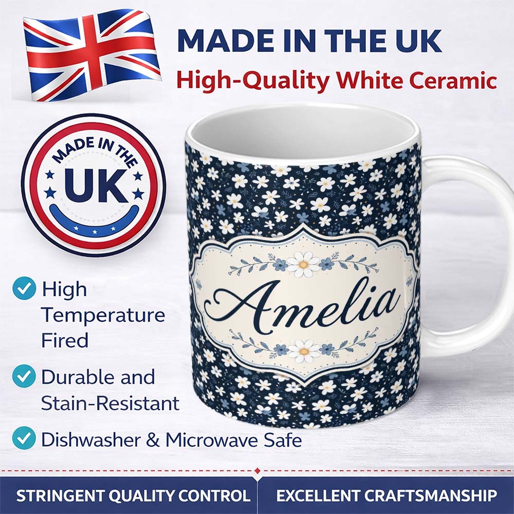 Personalized Custom Name White Daisy Flowers on Deep Navy Background Seamless Pattern Name 11oz Ceramic Coffee Tea Mug White Large Handle
