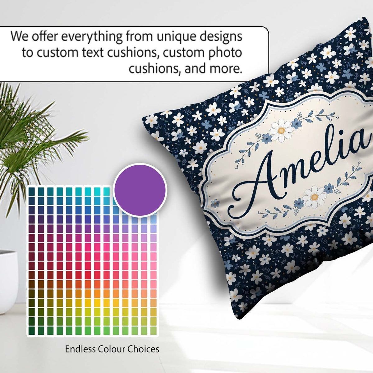 Custom Name White Daisy Flowers on Deep Navy Background Seamless Square Filled Cushion Throw Pillow Sofa Bed Home Decor Zip Washable UK Made