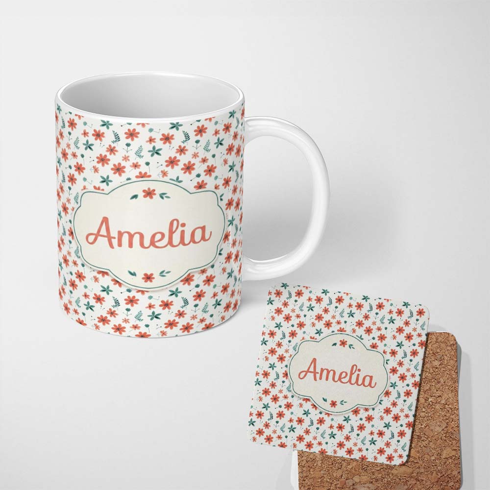 Personalized Custom Name Coral Orange Floral Sprigs with Green Leaves Seamless Pattern Name 11oz Ceramic Coffee Tea Mug White Large Handle