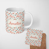 Personalized Custom Name Coral Orange Floral Sprigs with Green Leaves Seamless Pattern Name 11oz Ceramic Coffee Tea Mug White Large Handle