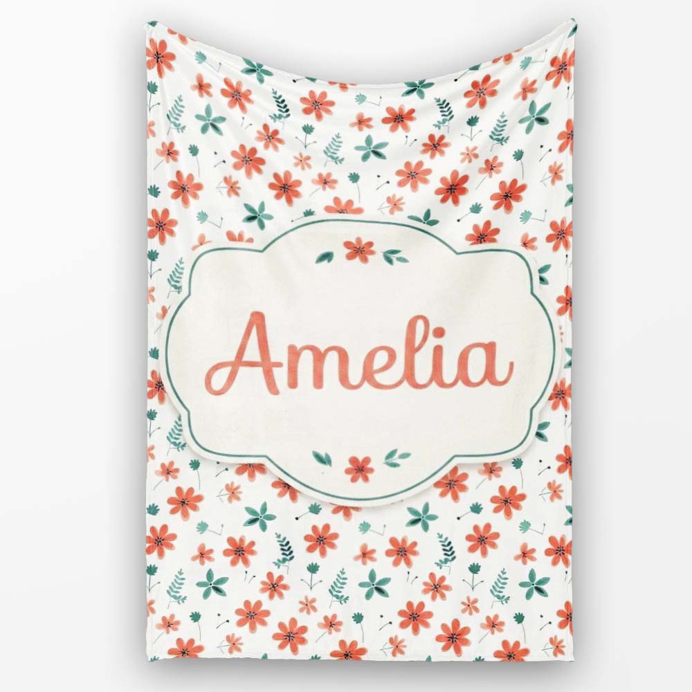 Coral Orange Floral Sprigs with Green Leaves Seamless Pattern Name  Personalised Custom Name Super Soft Fleece Blanket Bed Sofa Throw