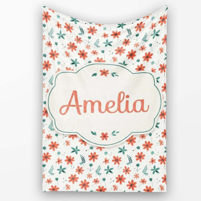 Coral Orange Floral Sprigs with Green Leaves Seamless Pattern Name  Personalised Custom Name Super Soft Fleece Blanket Bed Sofa Throw