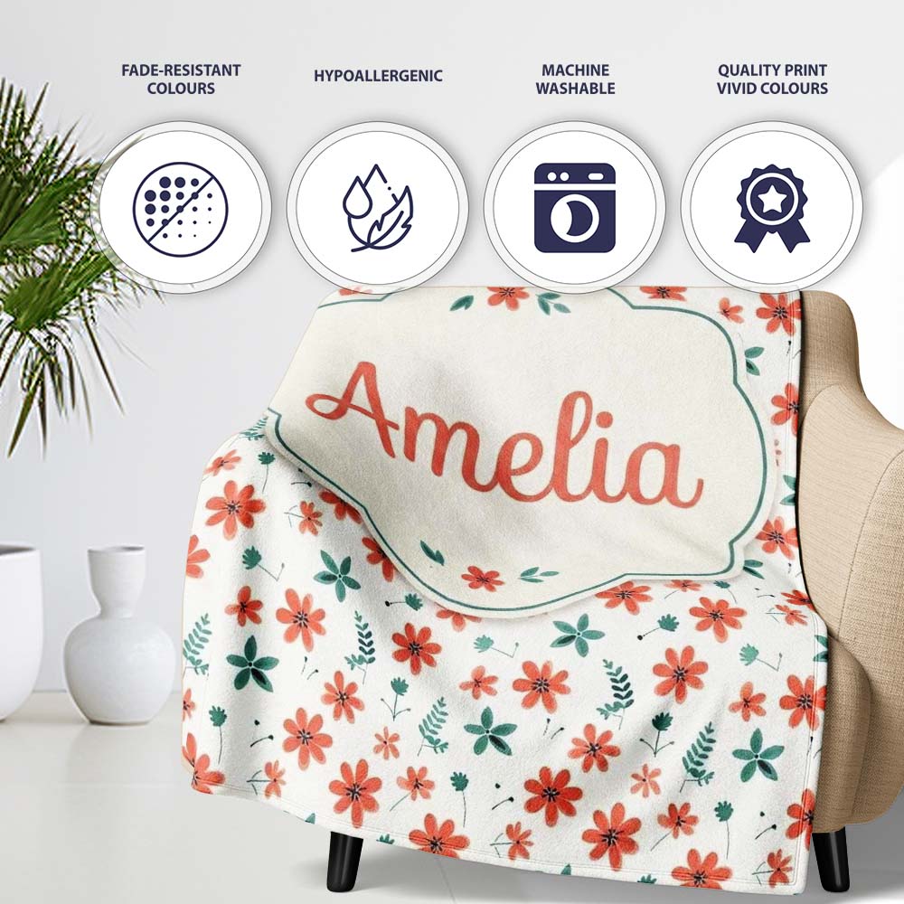 Coral Orange Floral Sprigs with Green Leaves Seamless Pattern Name  Personalised Custom Name Super Soft Fleece Blanket Bed Sofa Throw