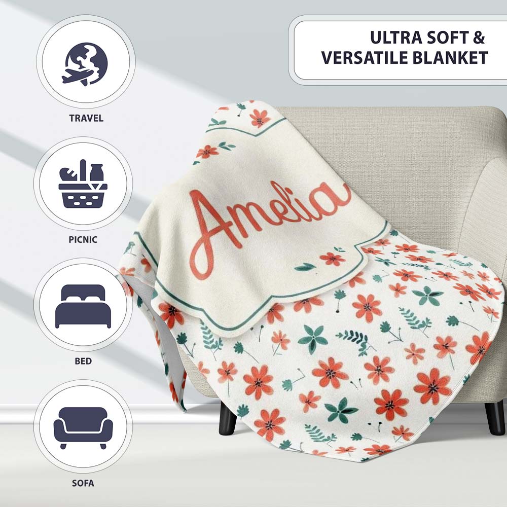 Coral Orange Floral Sprigs with Green Leaves Seamless Pattern Name  Personalised Custom Name Super Soft Fleece Blanket Bed Sofa Throw