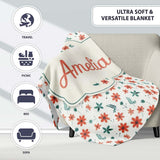 Coral Orange Floral Sprigs with Green Leaves Seamless Pattern Name  Personalised Custom Name Super Soft Fleece Blanket Bed Sofa Throw