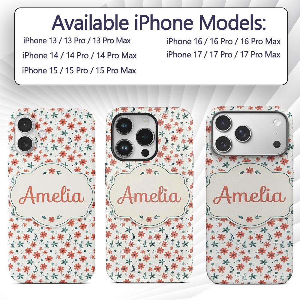 Coral Orange Floral Sprigs with Green Leaves Custom Name Protective Phone Case Mobile Cover Durable Everyday Smartphone Shock Resistant