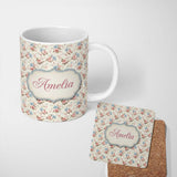 Personalized Custom Name Vintage Pink and Blue Rose Garden Floral Seamless Pattern Custom 11oz Ceramic Coffee Tea Mug White Large Handle