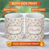 Personalized Custom Name Vintage Pink and Blue Rose Garden Floral Seamless Pattern Custom 11oz Ceramic Coffee Tea Mug White Large Handle