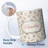 Personalized Custom Name Vintage Pink and Blue Rose Garden Floral Seamless Pattern Custom 11oz Ceramic Coffee Tea Mug White Large Handle