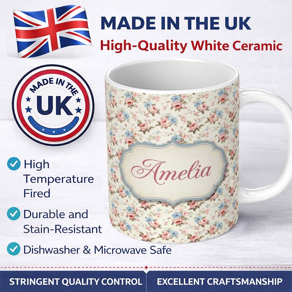 Personalized Custom Name Vintage Pink and Blue Rose Garden Floral Seamless Pattern Custom 11oz Ceramic Coffee Tea Mug White Large Handle