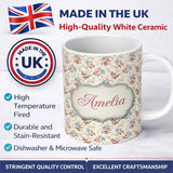 Personalized Custom Name Vintage Pink and Blue Rose Garden Floral Seamless Pattern Custom 11oz Ceramic Coffee Tea Mug White Large Handle