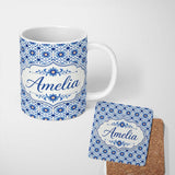 Personalized Custom Name Blue Ornamental Floral Tile Inspired Pattern Seamless Name Cute 11oz Ceramic Coffee Tea Mug White Large Handle