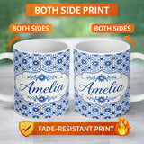 Personalized Custom Name Blue Ornamental Floral Tile Inspired Pattern Seamless Name Cute 11oz Ceramic Coffee Tea Mug White Large Handle