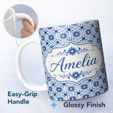 Personalized Custom Name Blue Ornamental Floral Tile Inspired Pattern Seamless Name Cute 11oz Ceramic Coffee Tea Mug White Large Handle