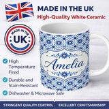 Personalized Custom Name Blue Ornamental Floral Tile Inspired Pattern Seamless Name Cute 11oz Ceramic Coffee Tea Mug White Large Handle