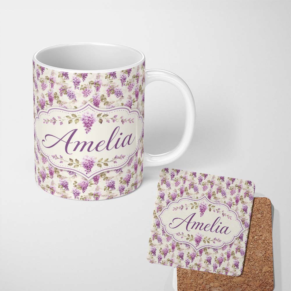 Personalized Custom Name Soft Lilac Wisteria Hanging Blossoms Botanical Seamless Pattern 11oz Ceramic Coffee Tea Mug White Large Handle