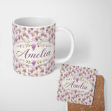 Personalized Custom Name Soft Lilac Wisteria Hanging Blossoms Botanical Seamless Pattern 11oz Ceramic Coffee Tea Mug White Large Handle