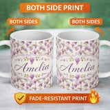 Personalized Custom Name Soft Lilac Wisteria Hanging Blossoms Botanical Seamless Pattern 11oz Ceramic Coffee Tea Mug White Large Handle