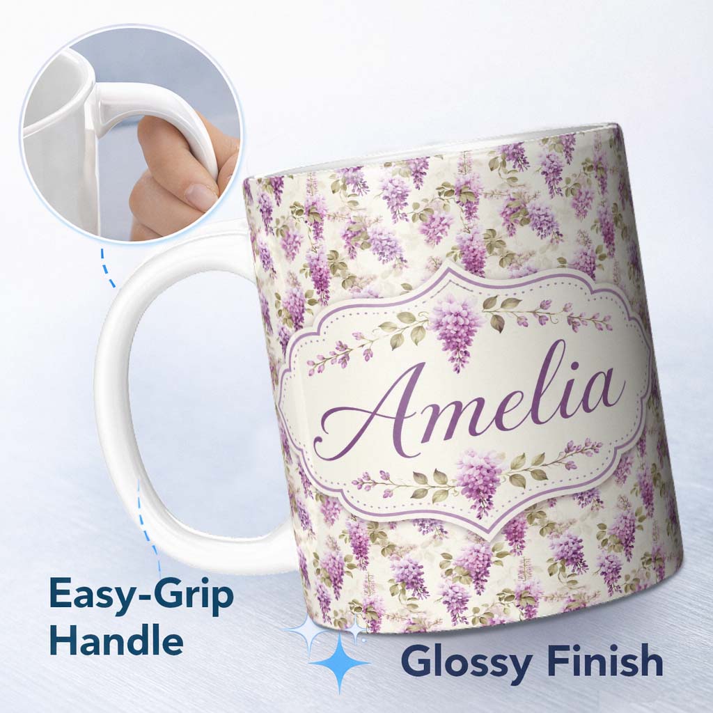 Personalized Custom Name Soft Lilac Wisteria Hanging Blossoms Botanical Seamless Pattern 11oz Ceramic Coffee Tea Mug White Large Handle
