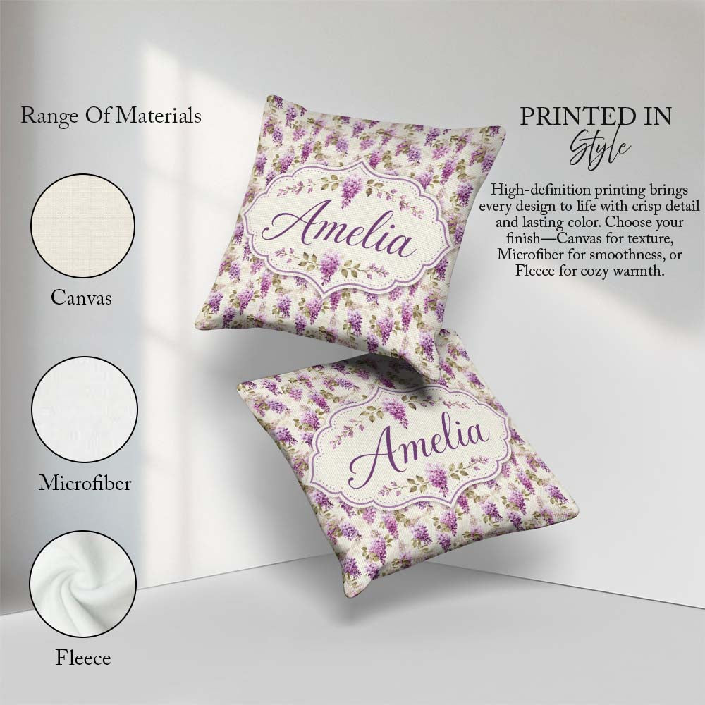 Custom Name Wisteria Hanging Blossoms Botanical Seamless Pattern Square Filled Cushion Throw Pillow Sofa Bed Home Decor Zip Washable UK Made