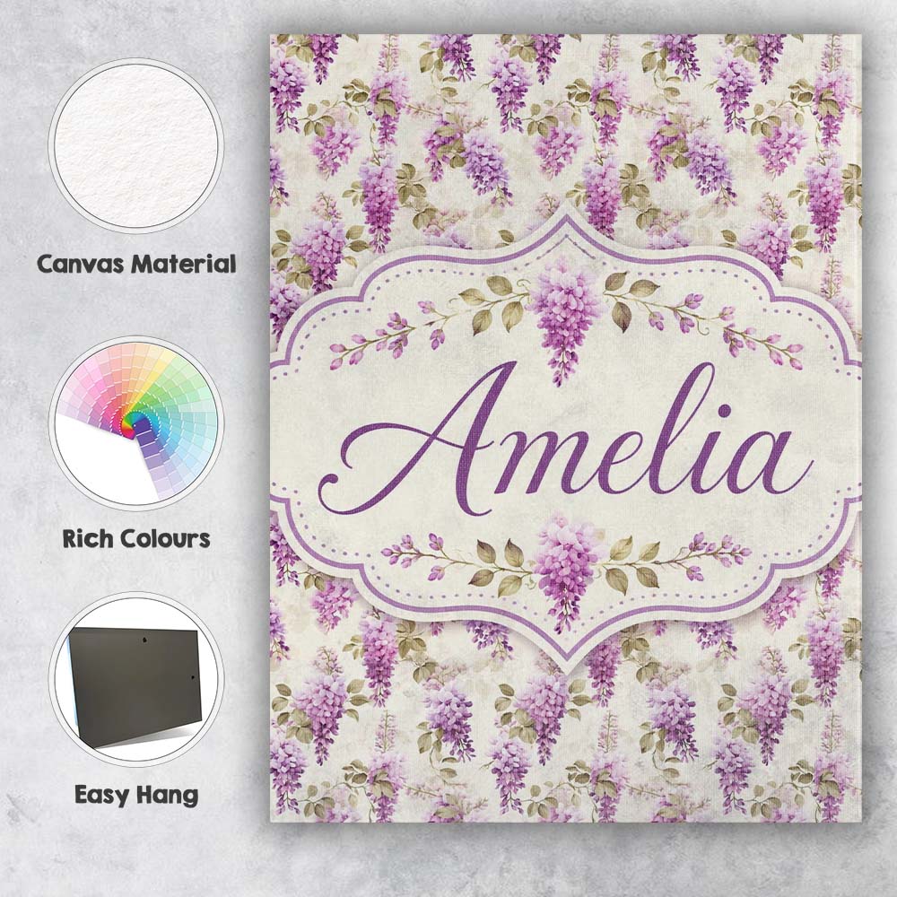 Personalised Name Soft Lilac Wisteria Custom Modern Room Accent Creative Decorator Style Canvas Wall Art Print Decor Picture Ready to Hang
